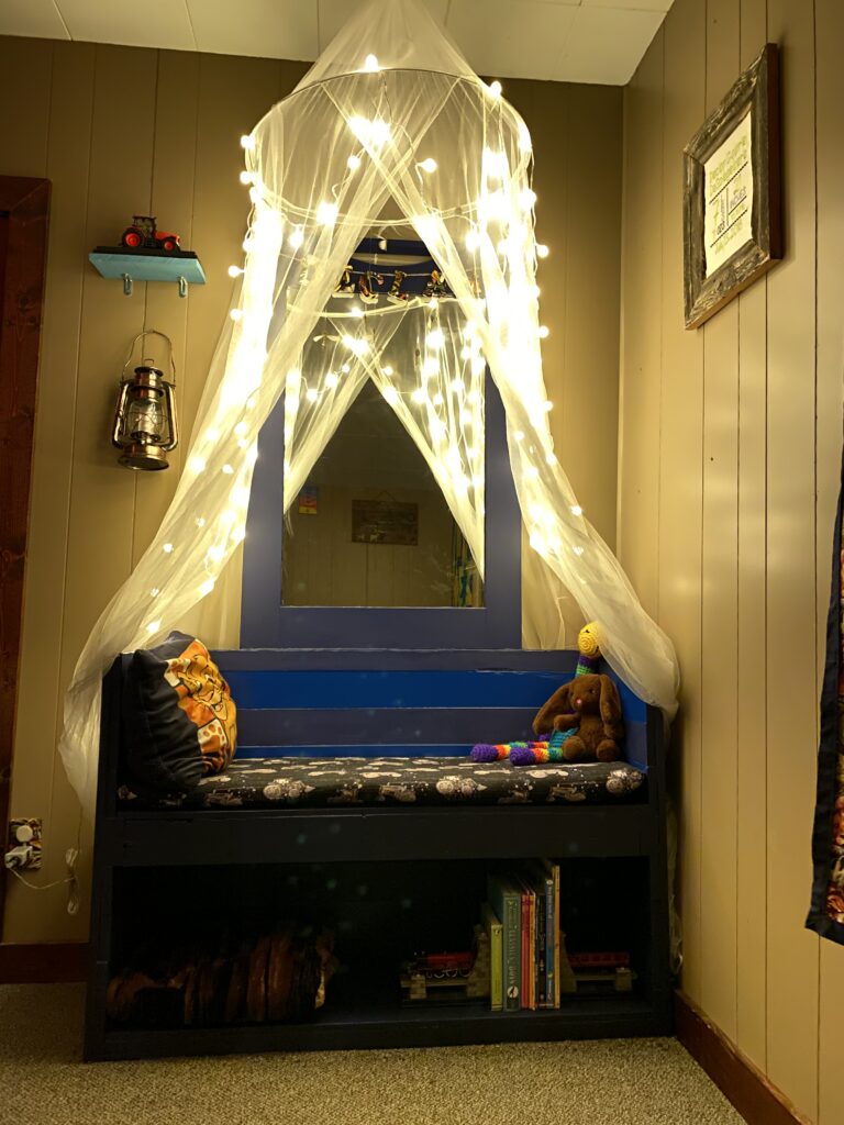 Final outcome of remodeled dresser into beautiful reading nook!